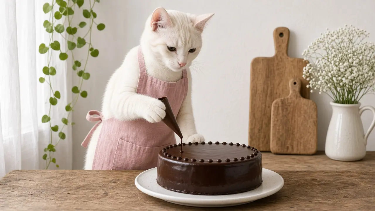 A cream-coloured cat in a pink apron, cooking this dish