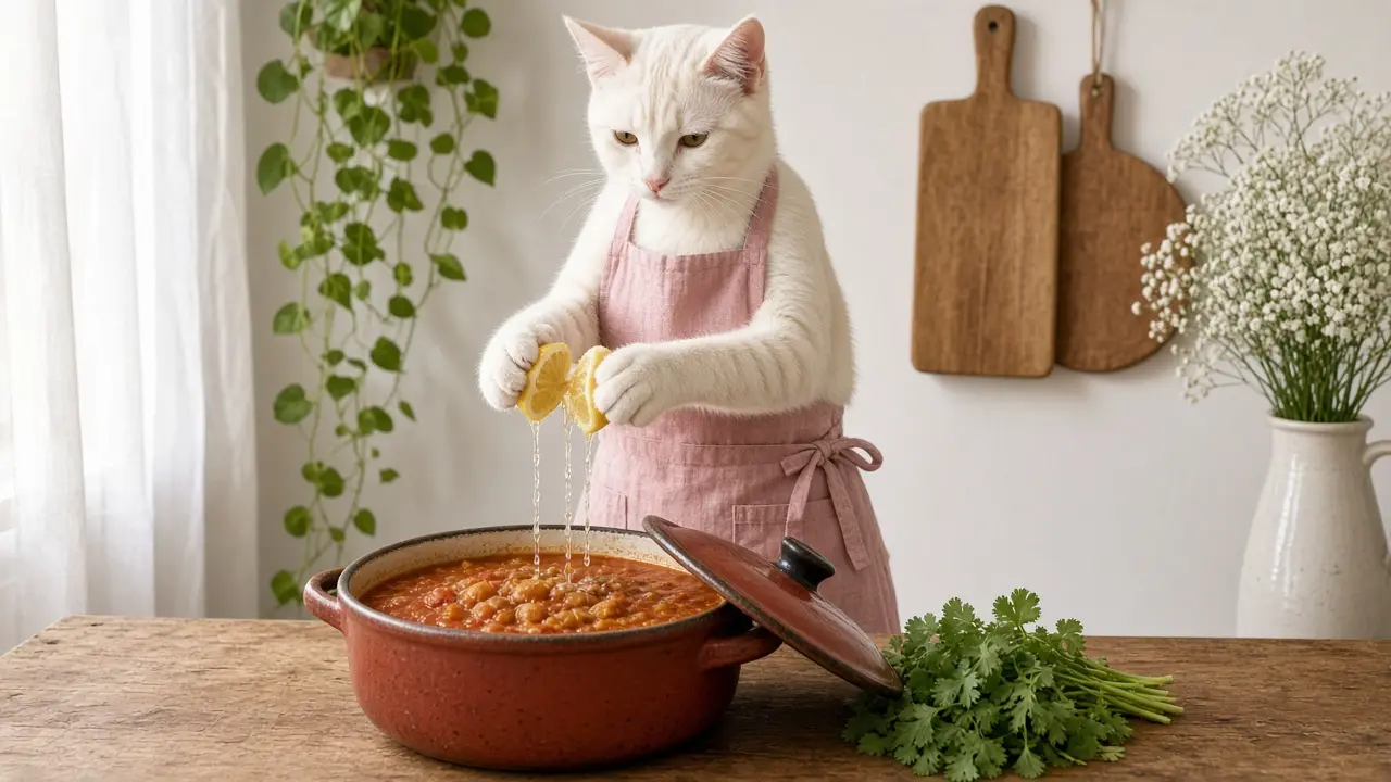 A cream-coloured cat in a pink apron, cooking this dish