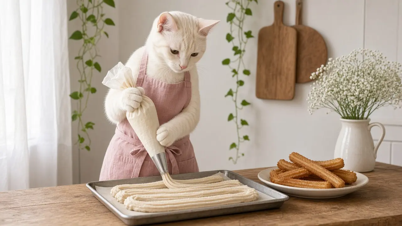 A cream-coloured cat in a pink apron, cooking this dish