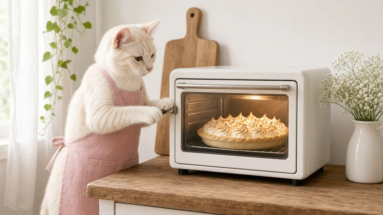 A cream-coloured cat in a pink apron, cooking this dish