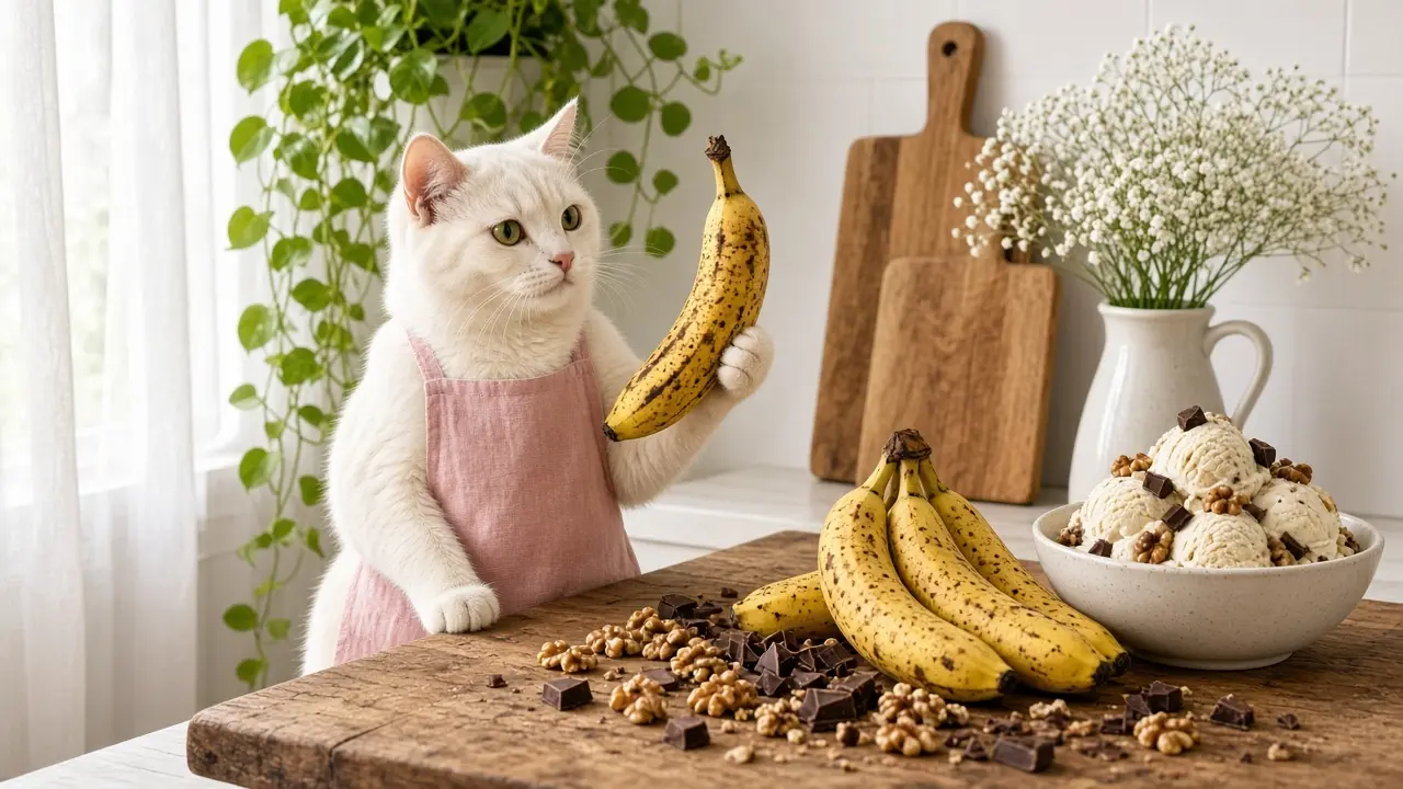 A cream-coloured cat in a pink apron, cooking this dish