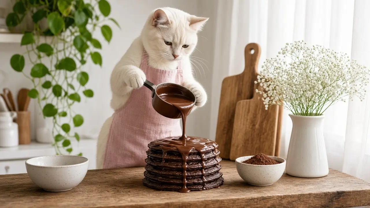 A cream-coloured cat in a pink apron, cooking this dish
