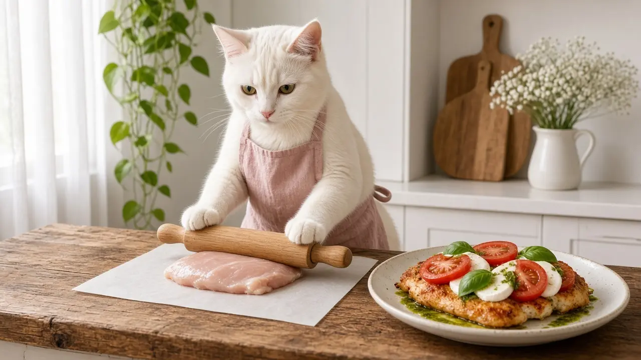 A cream-coloured cat in a pink apron, cooking this dish