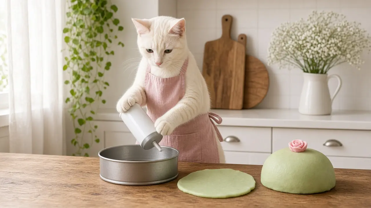 A cream-coloured cat in a pink apron, cooking this dish