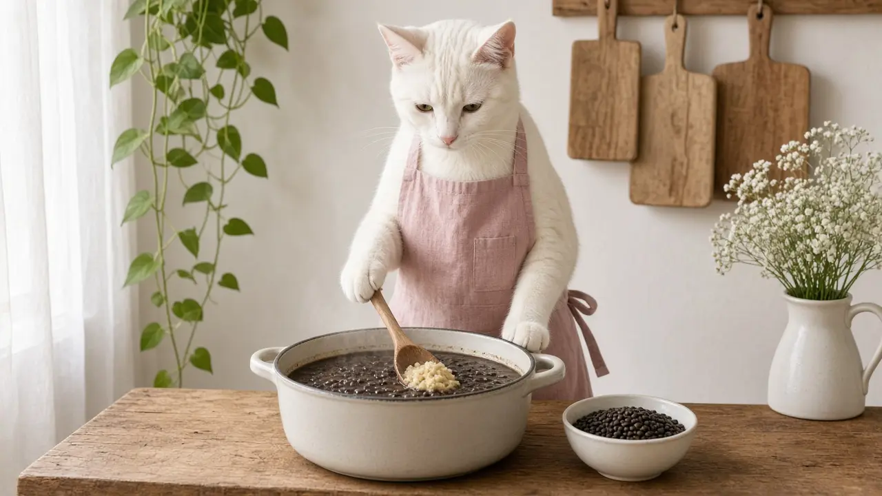 A cream-coloured cat in a pink apron, cooking this dish