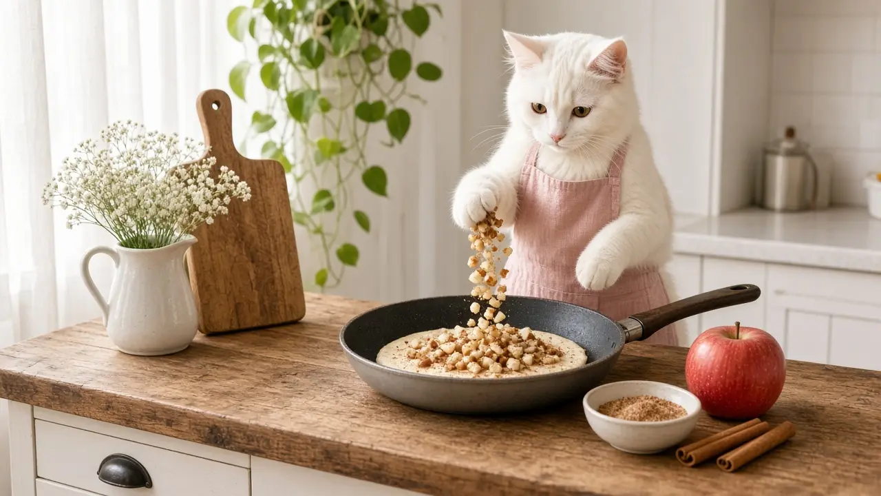 A cream-coloured cat in a pink apron, cooking this dish
