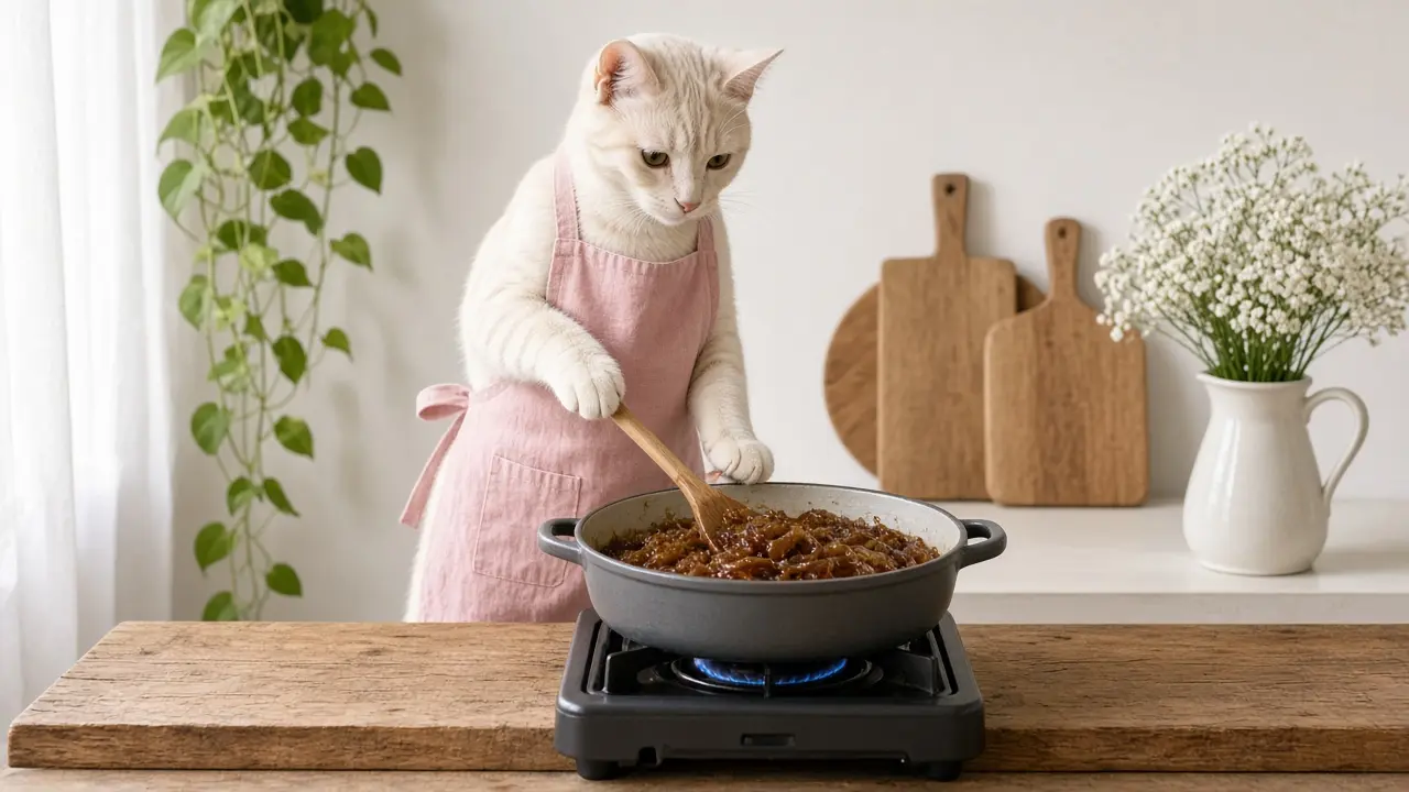 A cream-coloured cat in a pink apron, cooking this dish