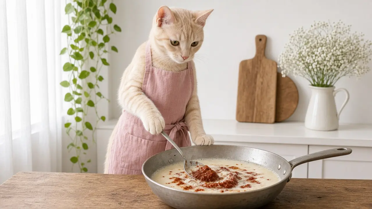 A cream-coloured cat in a pink apron, cooking this dish