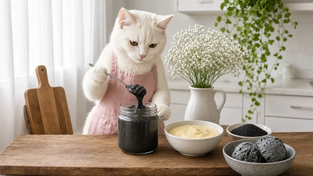 A cream-coloured cat in a pink apron, cooking this dish