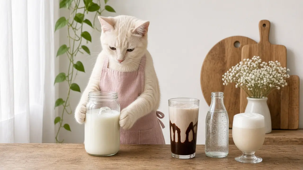 A cream-coloured cat in a pink apron, cooking this dish