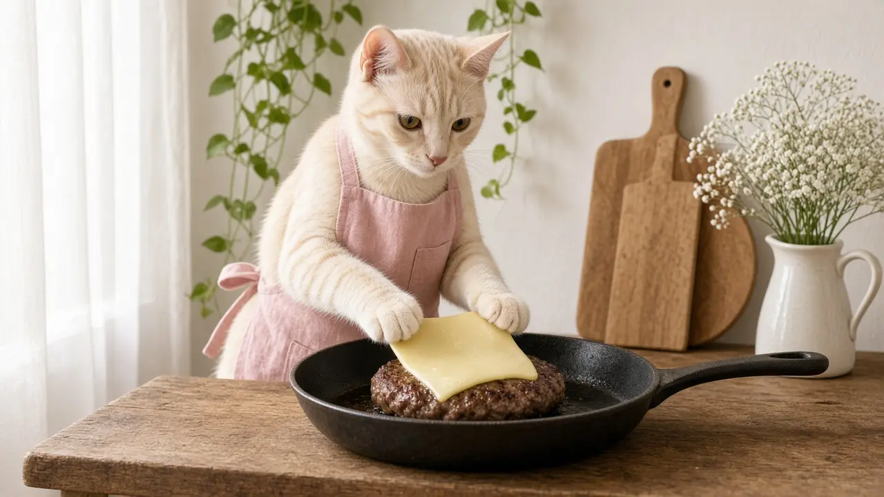 A cream-coloured cat in a pink apron, cooking this dish