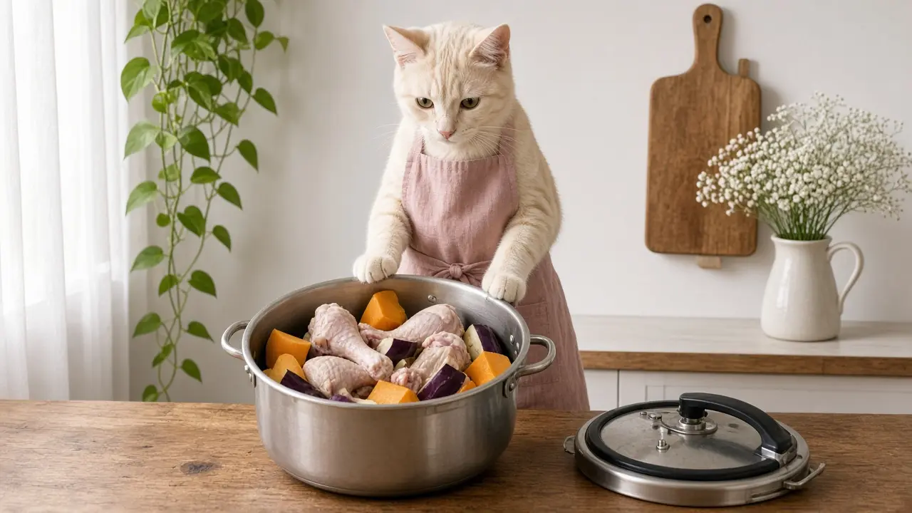 A cream-coloured cat in a pink apron, cooking this dish