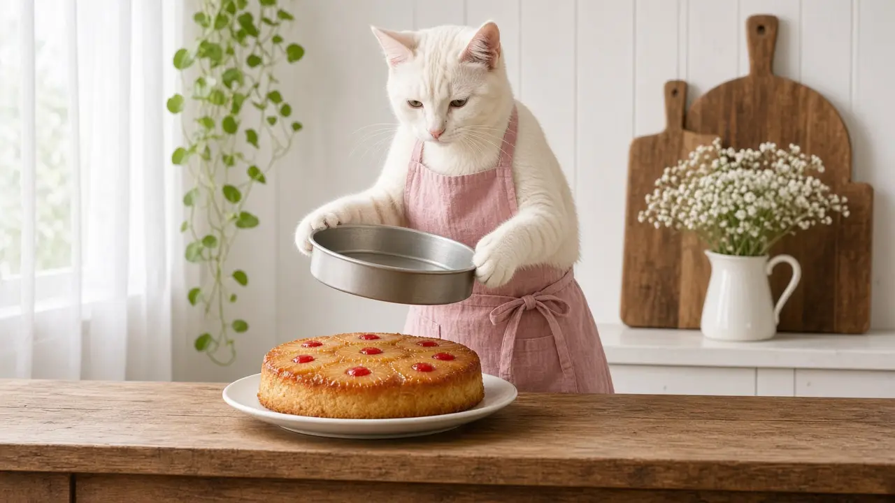 A cream-coloured cat in a pink apron, cooking this dish