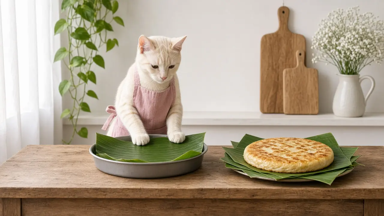 A cream-coloured cat in a pink apron, cooking this dish