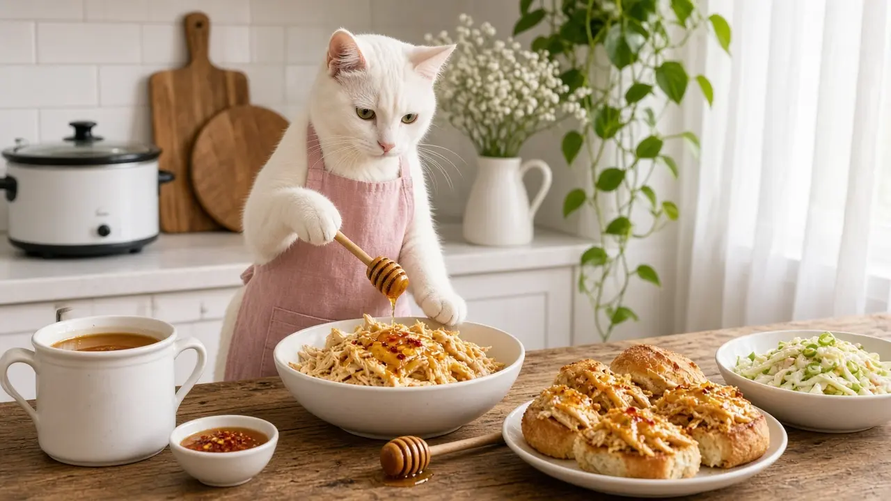 A cream-coloured cat in a pink apron, cooking this dish