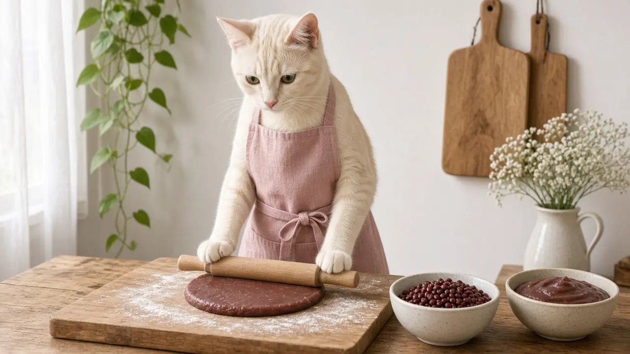 A cream-coloured cat in a pink apron, cooking this dish