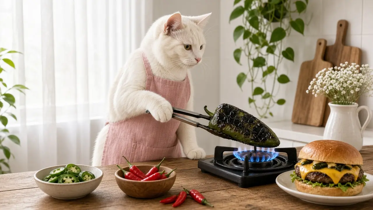 A cream-coloured cat in a pink apron, cooking this dish