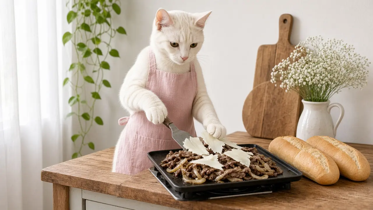 A cream-coloured cat in a pink apron, cooking this dish