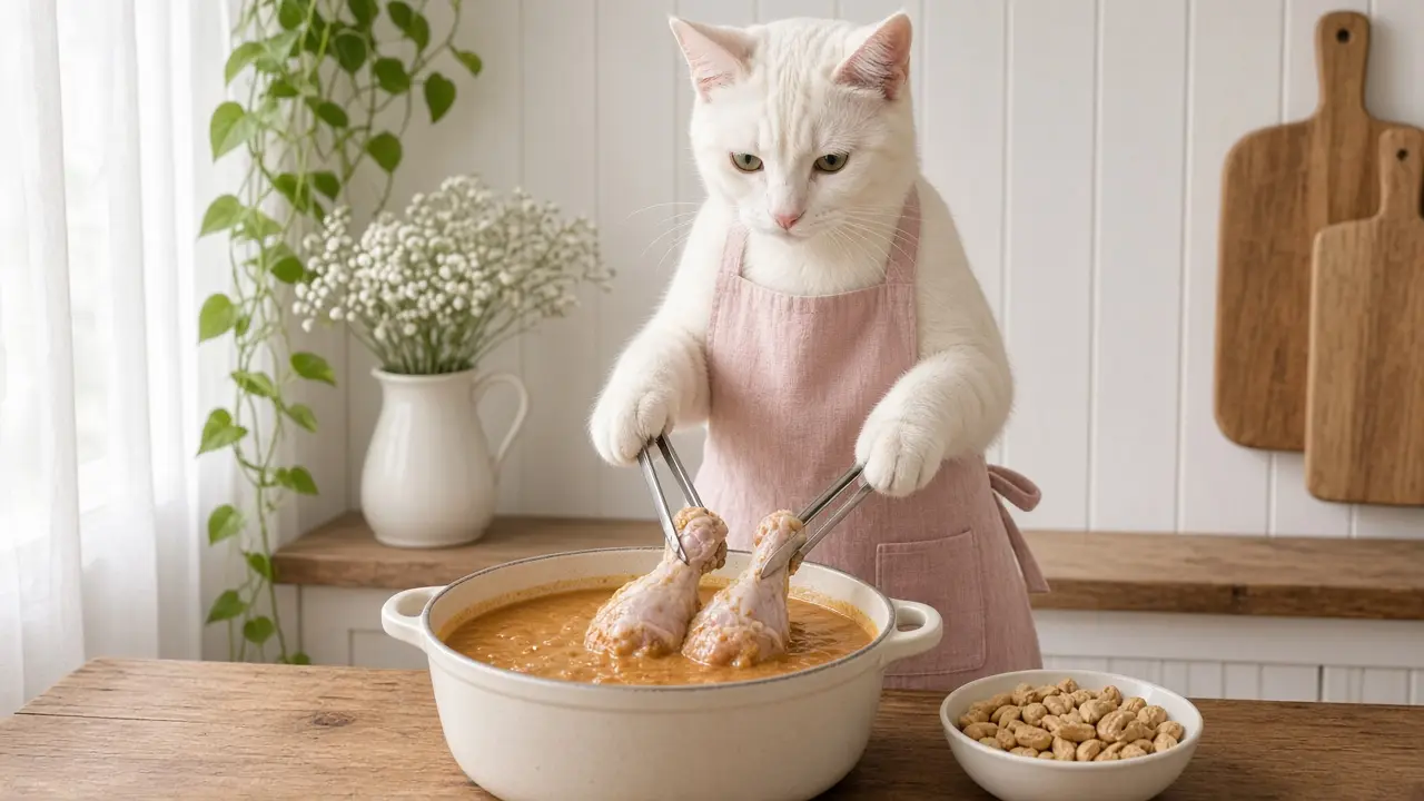 A cream-coloured cat in a pink apron, cooking this dish