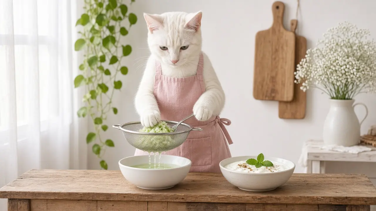 A cream-coloured cat in a pink apron, cooking this dish