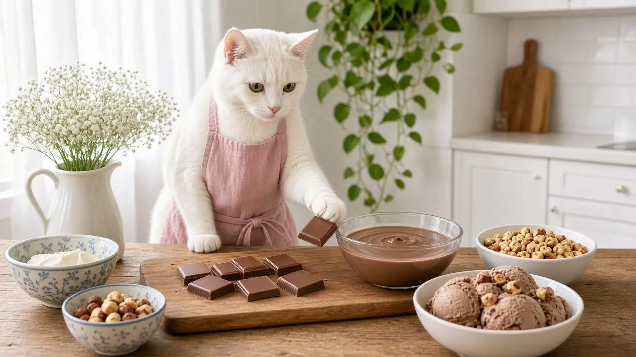 A cream-coloured cat in a pink apron, cooking this dish