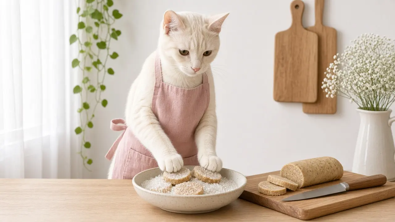 A cream-coloured cat in a pink apron, cooking this dish