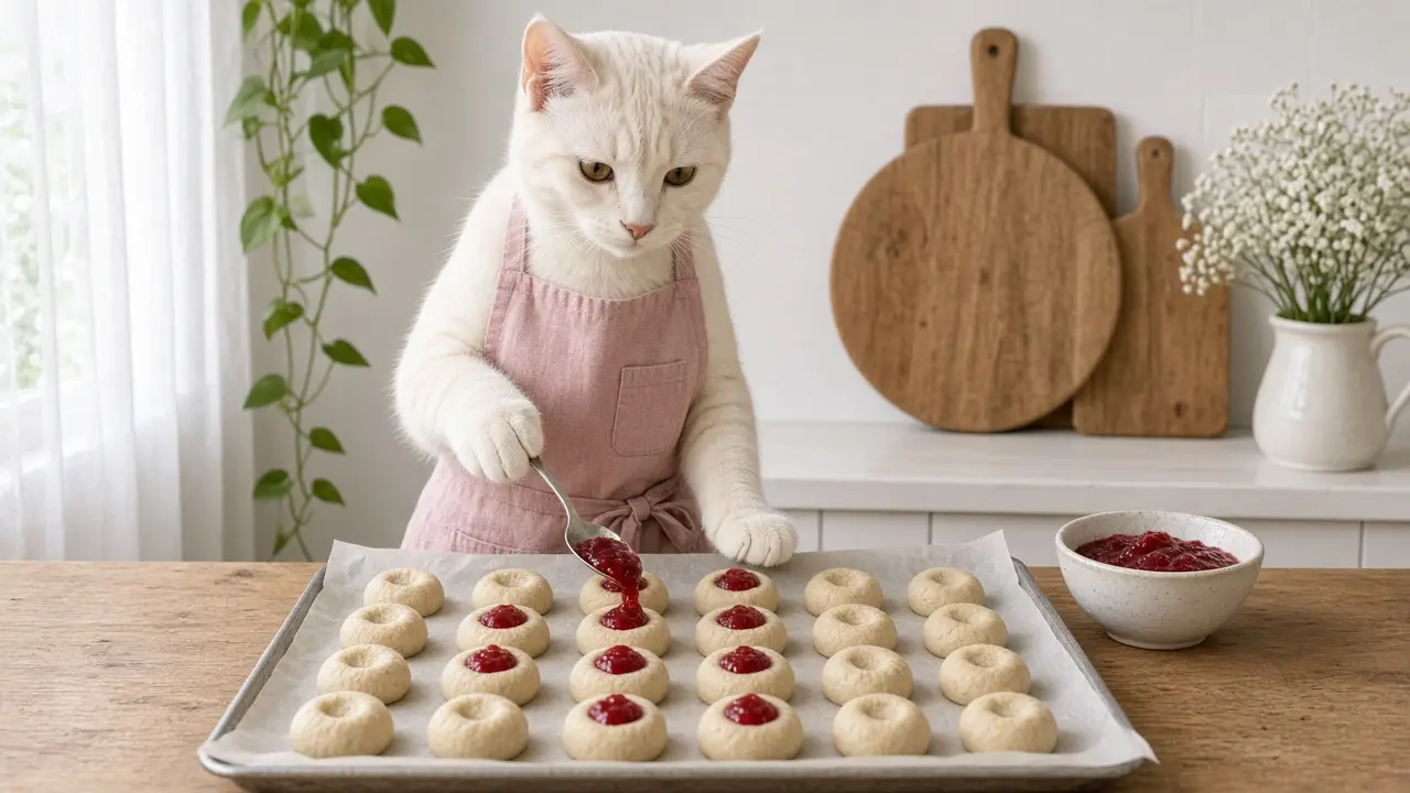 A cream-coloured cat in a pink apron, cooking this dish