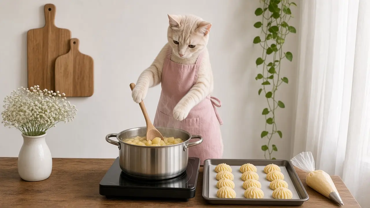 A cream-coloured cat in a pink apron, cooking this dish
