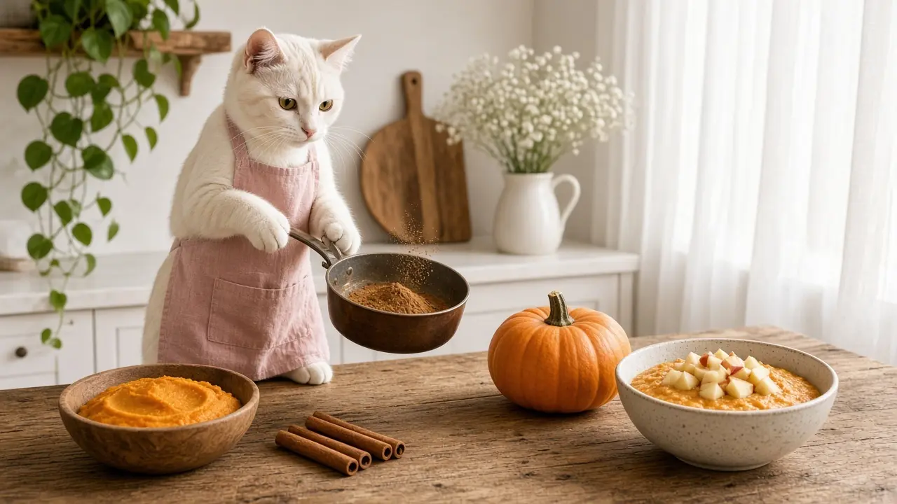 A cream-coloured cat in a pink apron, cooking this dish