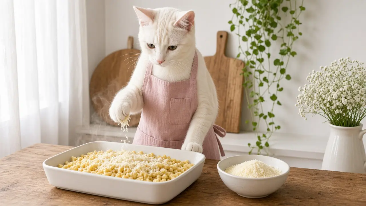 A cream-coloured cat in a pink apron, cooking this dish