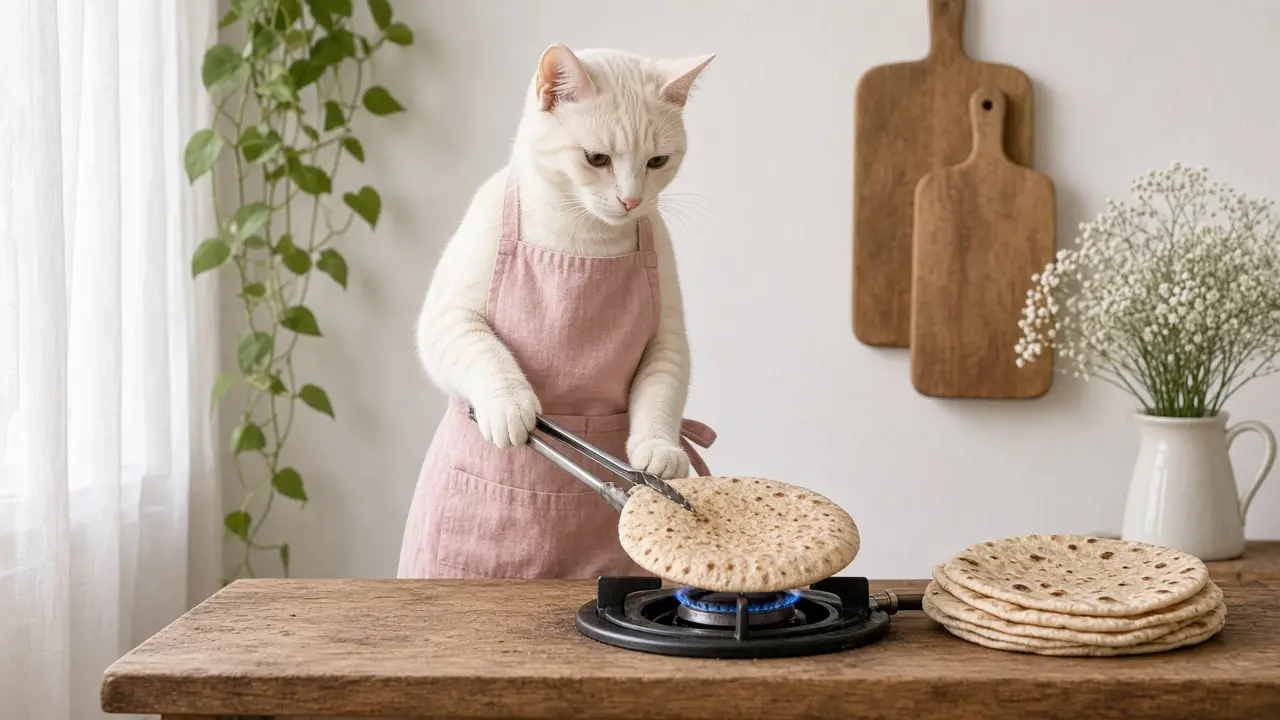 A cream-coloured cat in a pink apron, cooking this dish