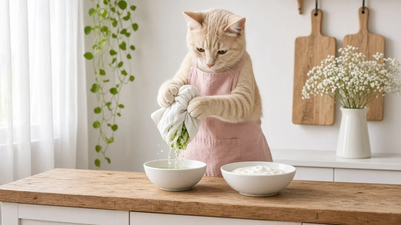 A cream-coloured cat in a pink apron, cooking this dish