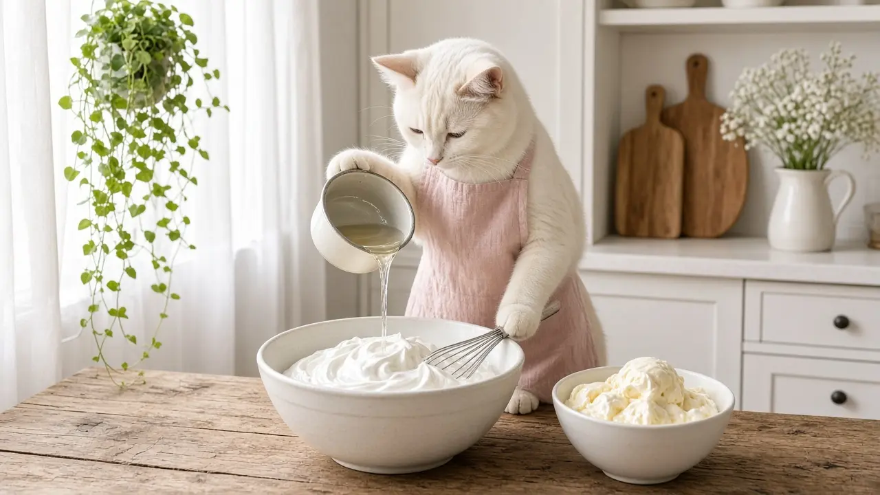 A cream-coloured cat in a pink apron, cooking this dish
