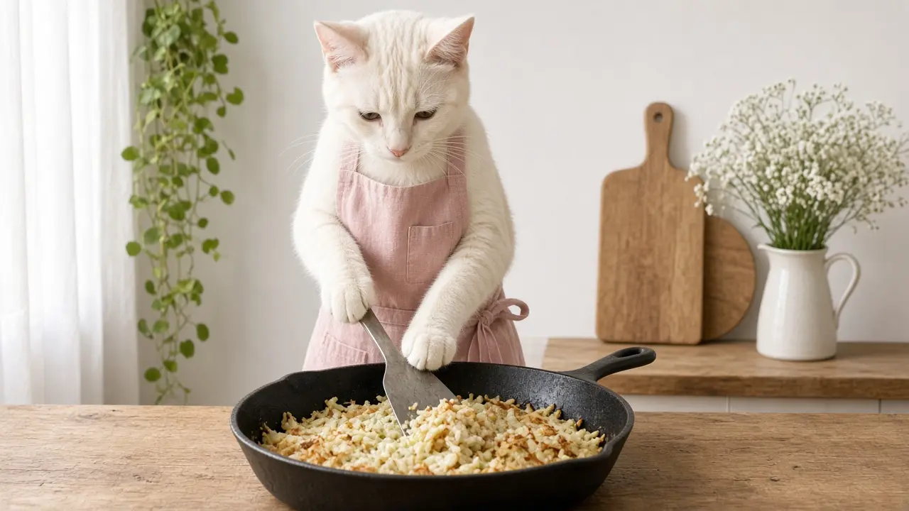 A cream-coloured cat in a pink apron, cooking this dish