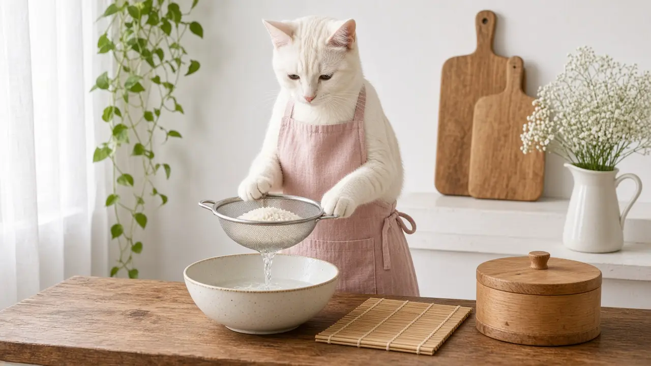 A cream-coloured cat in a pink apron, cooking this dish