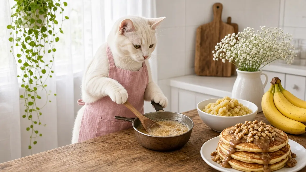 A cream-coloured cat in a pink apron, cooking this dish