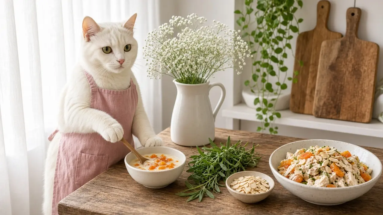 A cream-coloured cat in a pink apron, cooking this dish