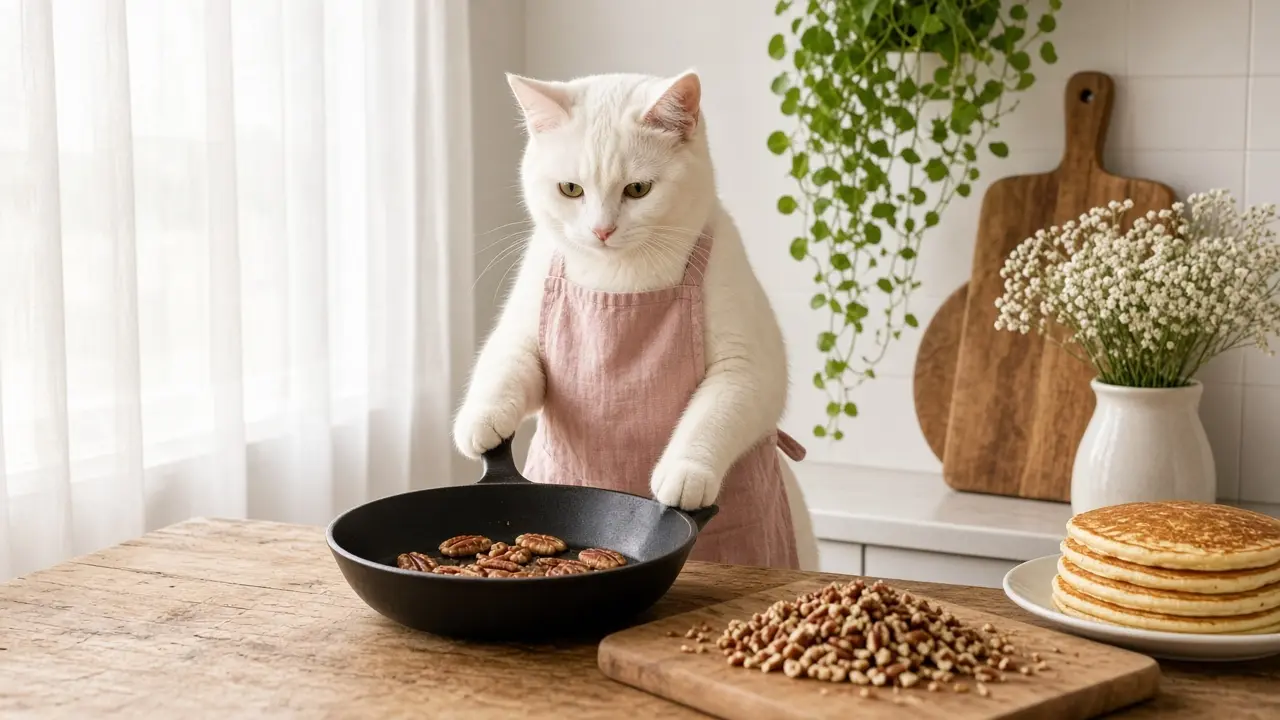 A cream-coloured cat in a pink apron, cooking this dish