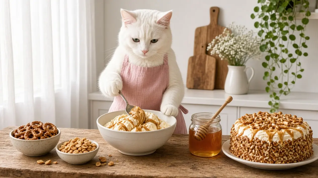 A cream-coloured cat in a pink apron, cooking this dish