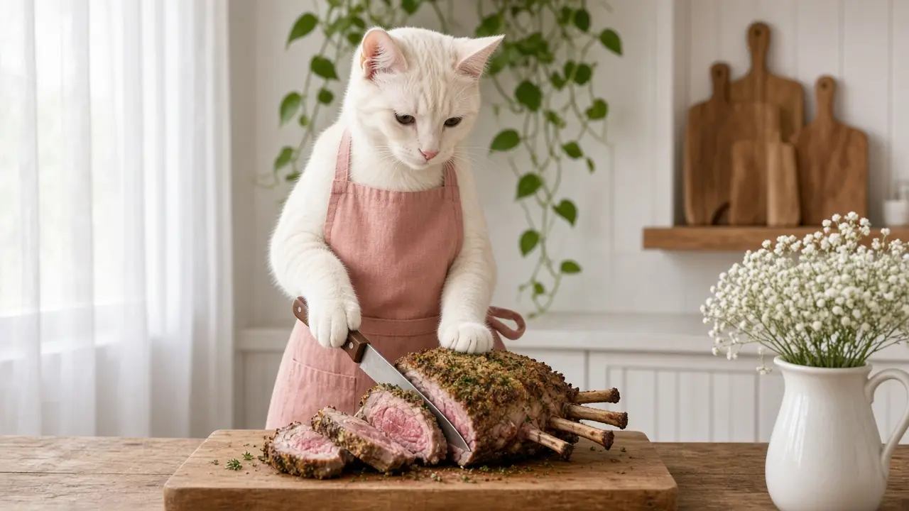 A cream-coloured cat in a pink apron, cooking this dish