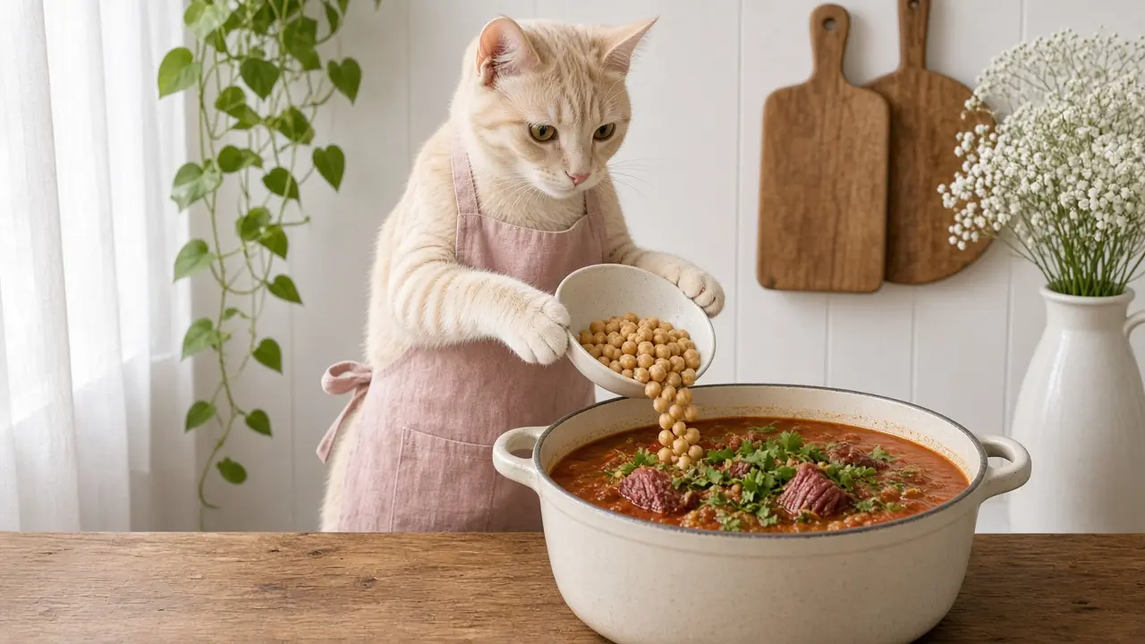 A cream-coloured cat in a pink apron, cooking this dish