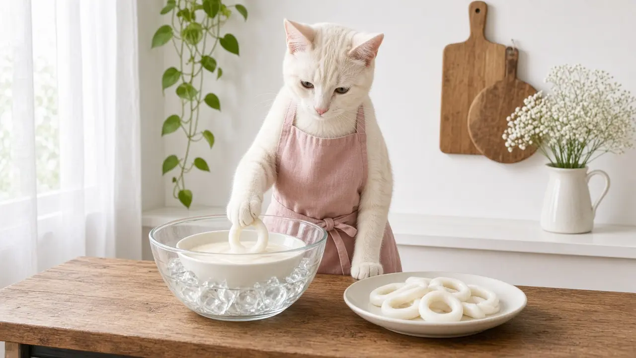 A cream-coloured cat in a pink apron, cooking this dish