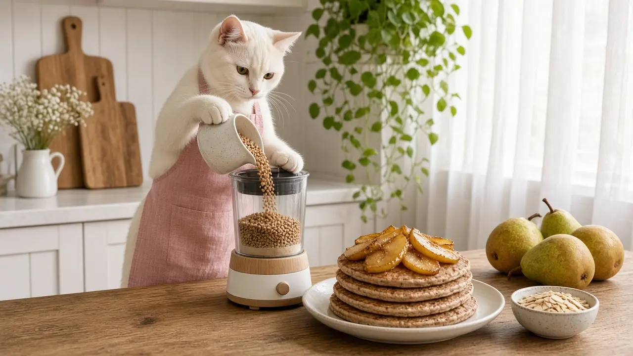 A cream-coloured cat in a pink apron, cooking this dish