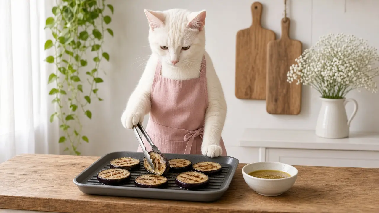 A cream-coloured cat in a pink apron, cooking this dish