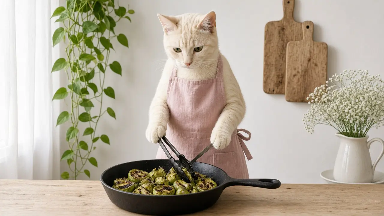 A cream-coloured cat in a pink apron, cooking this dish