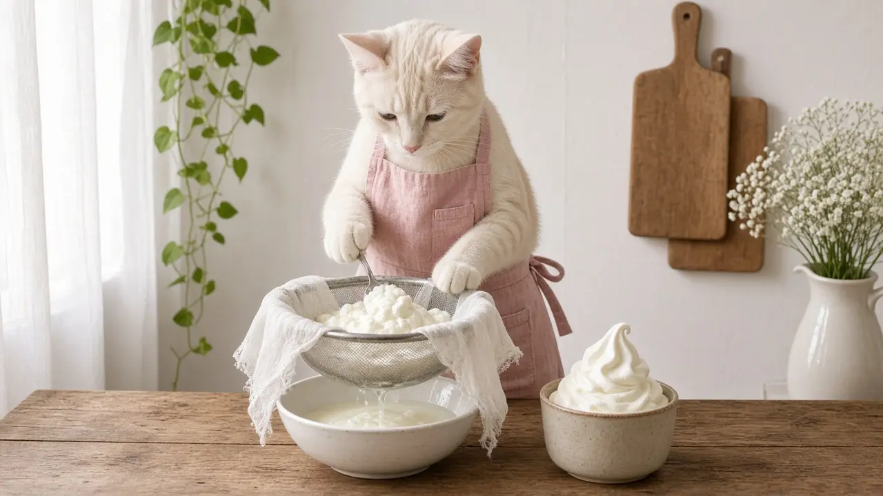 A cream-coloured cat in a pink apron, cooking this dish
