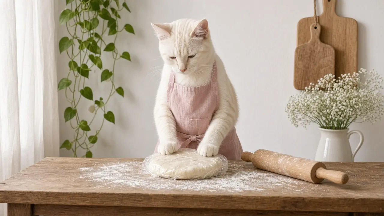 A cream-coloured cat in a pink apron, cooking this dish