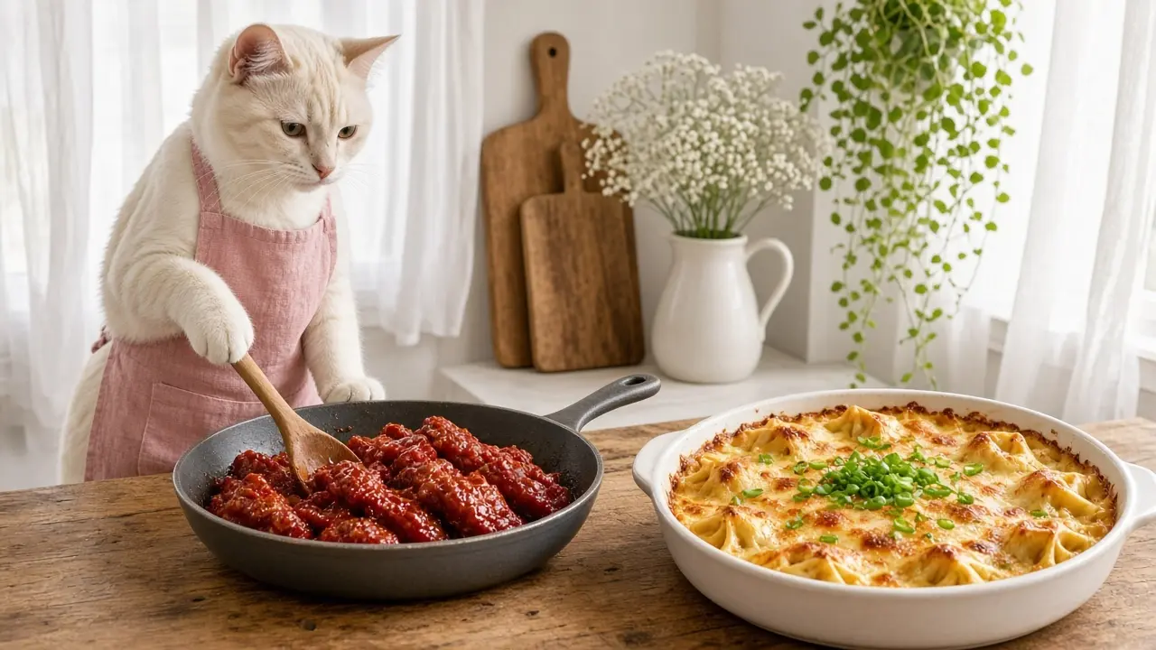 A cream-coloured cat in a pink apron, cooking this dish