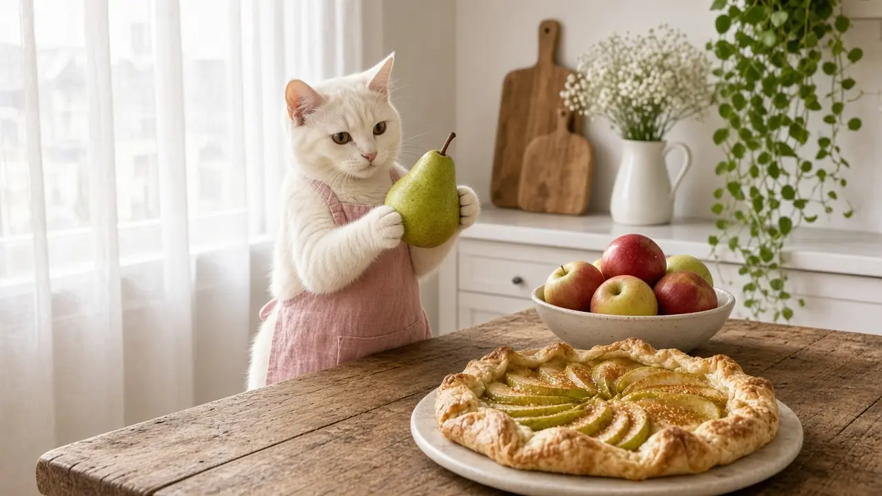 A cream-coloured cat in a pink apron, cooking this dish