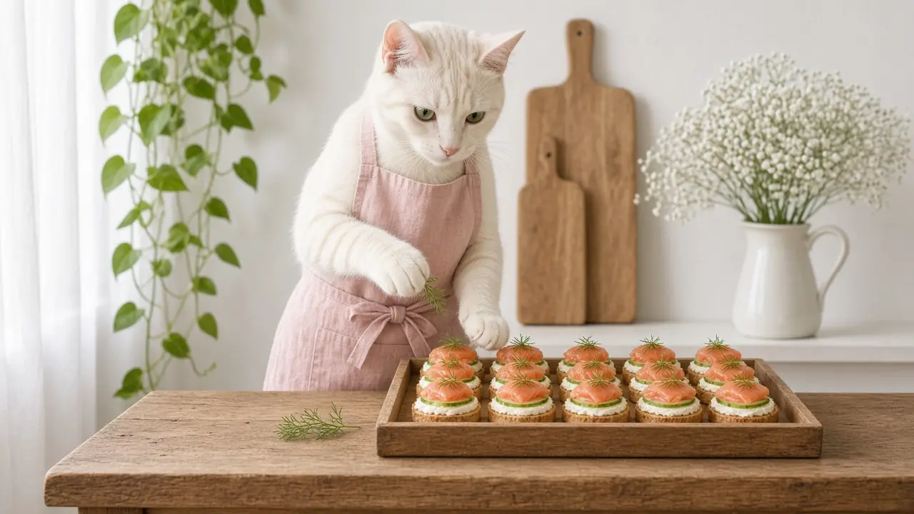 A cream-coloured cat in a pink apron, cooking this dish